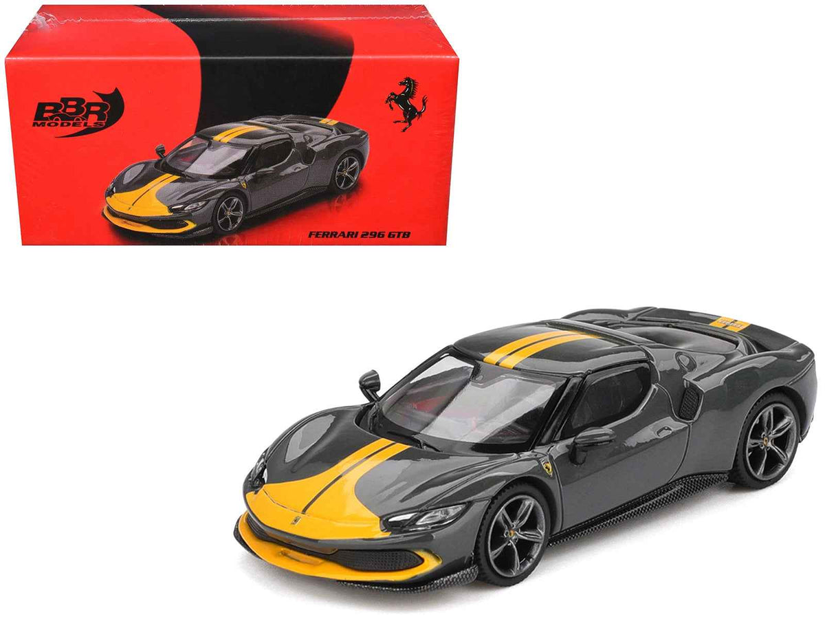 Dark gray Ferrari 296 GTB Assetto Fiorano diecast model car with yellow stripes by BBR, 1/64 scale, detailed miniature vehicle.