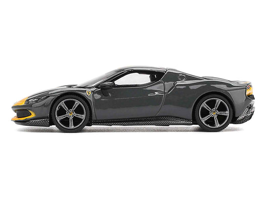 Ferrari 296 GTB Assetto Fiorano Grigio Scuro (Dark Gray) with Yellow Stripes 1/64 Diecast Model Car by BBR