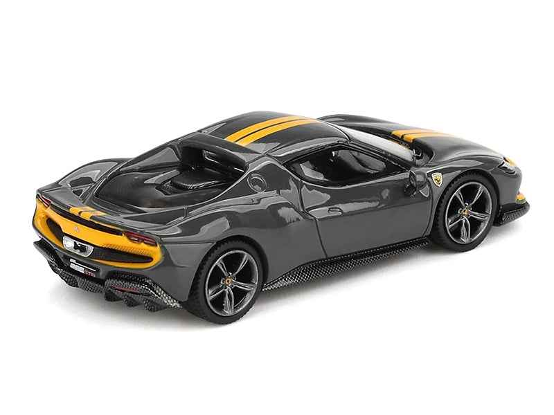Miniature Motors Ferrari 296 GTB Assetto Fiorano diecast model car in dark gray with yellow stripes, 1/64 scale by BBR.
