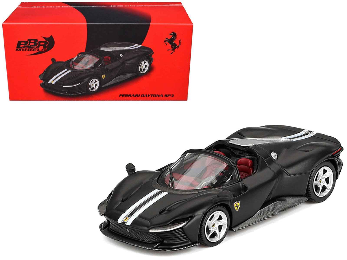 Miniature Motors Ferrari Daytona SP3 diecast model car in matte black with white stripes and red interior, 1/64 scale by BBR.