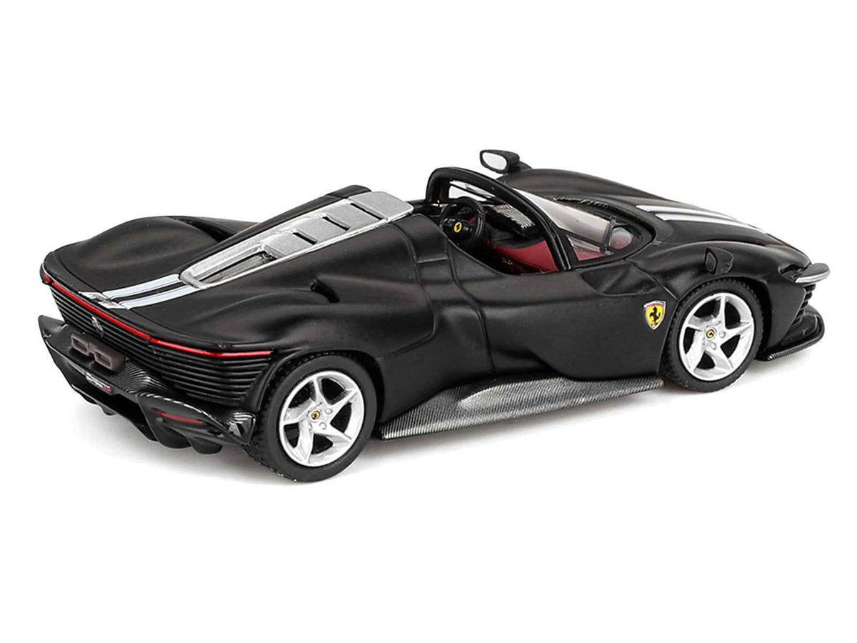 Miniature Motors Ferrari Daytona SP3 diecast model car in matte black with white stripes and red interior, 1/64 scale by BBR.