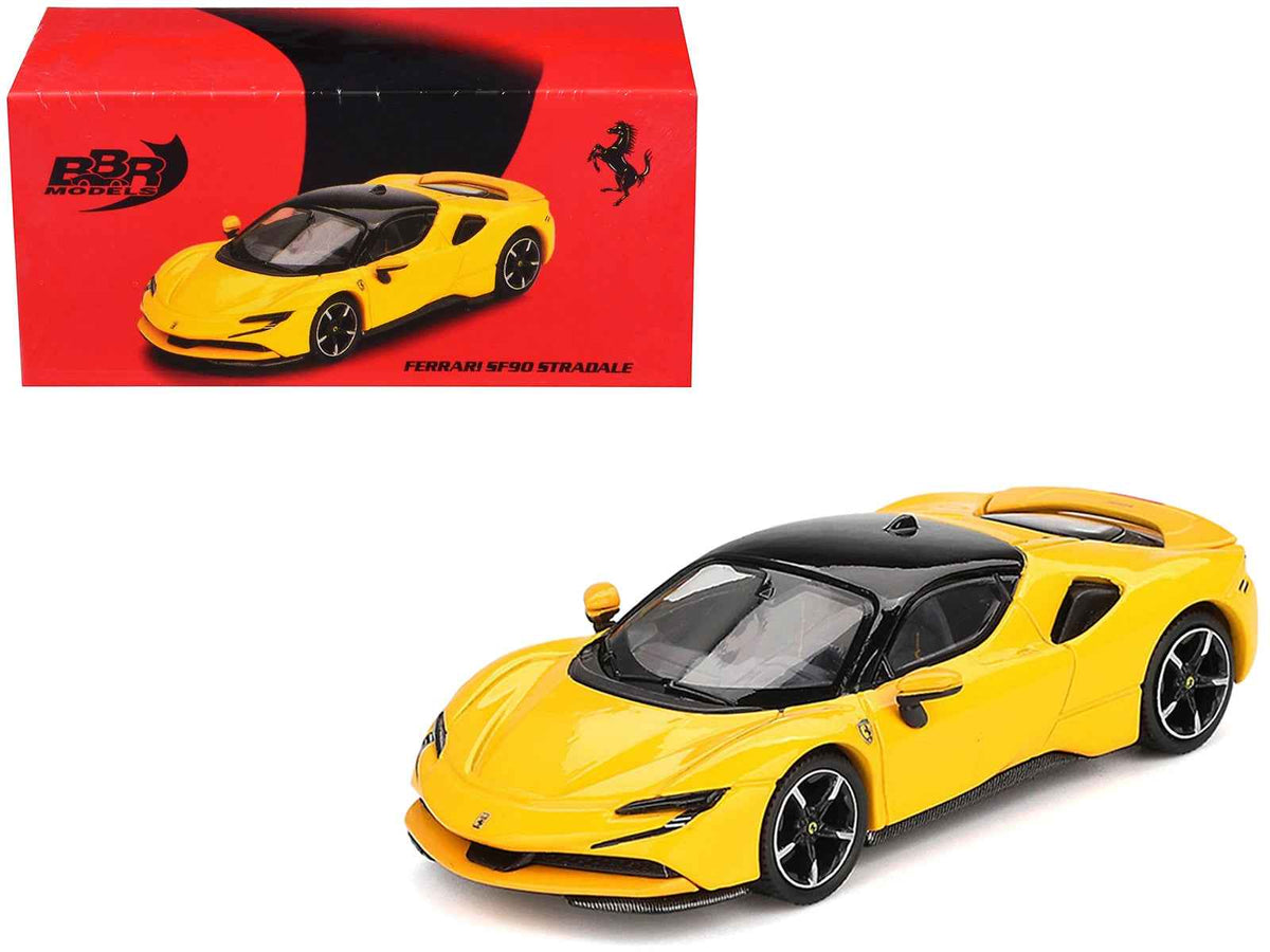 Yellow Ferrari SF90 Giallo Modena 1/64 diecast model car with black top by BBR, detailed miniature Ferrari model.