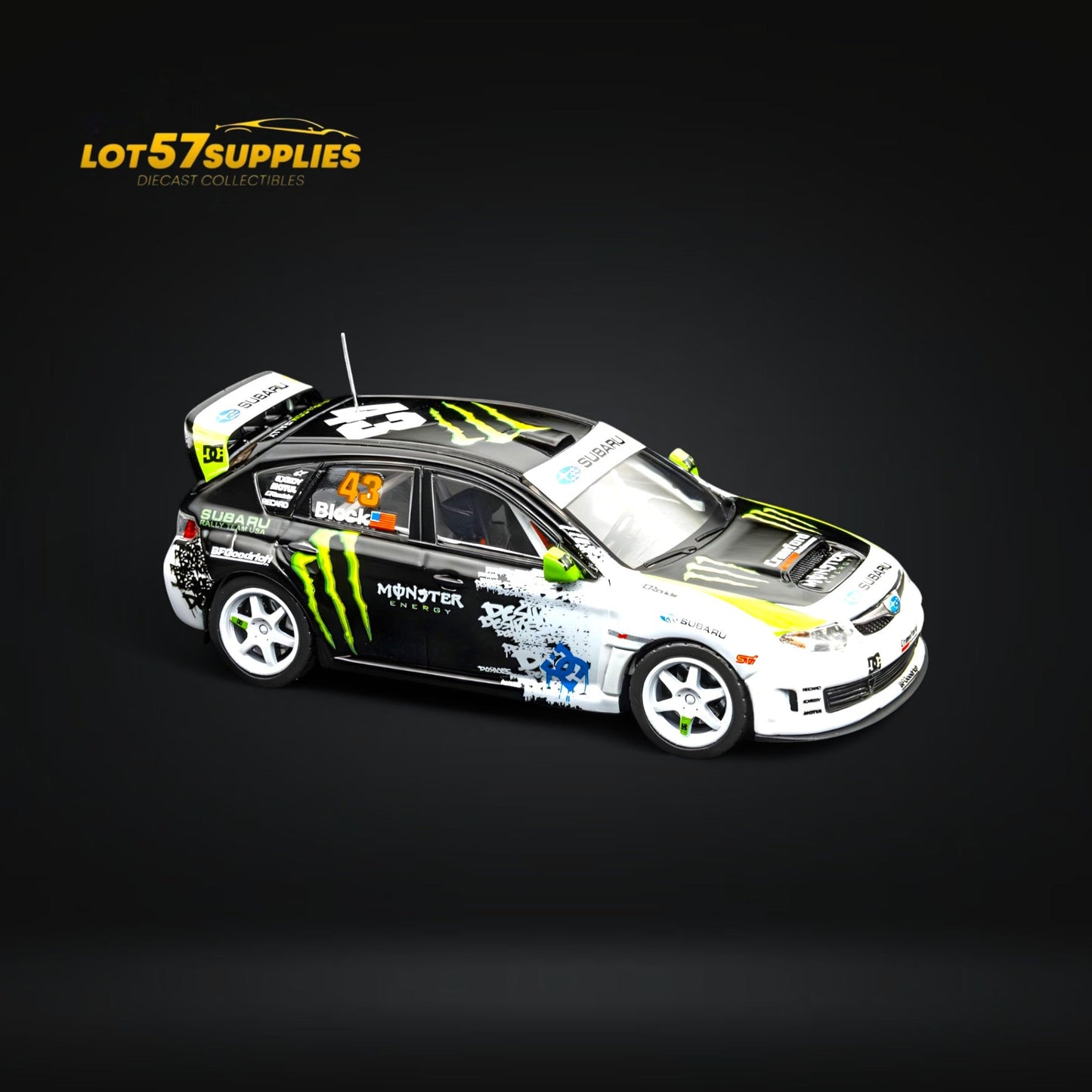 Miniature 1:64 scale Subaru Impreza WRX STI Rally diecast model by Lot57Supplies, detailed black and white rally car.