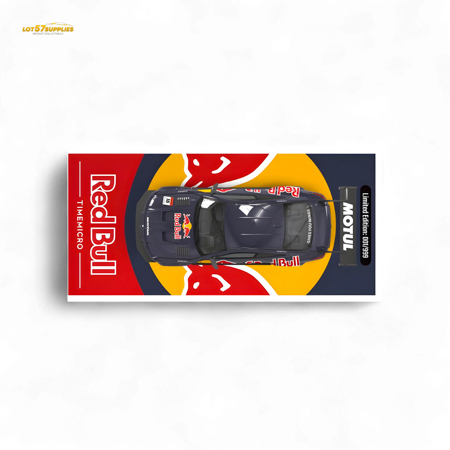Red BMW M4 diecast model with widebody kit and Red Bull livery, 1:64 scale, featuring detailed design and vibrant colors.