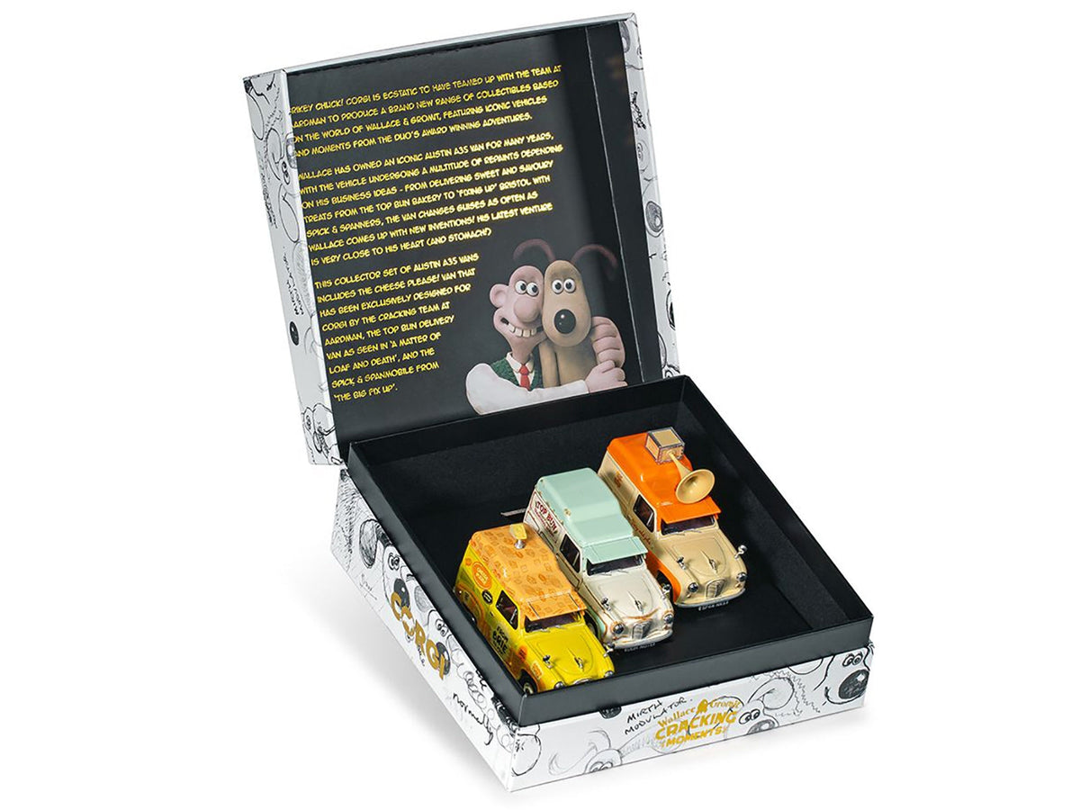 Set of three Wallace & Gromit Austin A35 Van diecast model cars by Corgi from Miniature Motors, detailed collectible movie and TV series models.