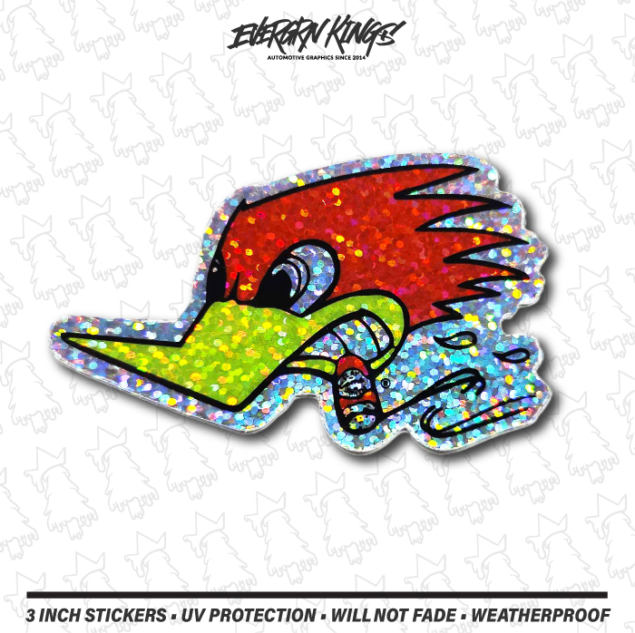 Set of Clay Smith Cams glitter stickers, vintage 3-inch stickers by Evergreen Kings, featuring left and right designs on a vinyl material.