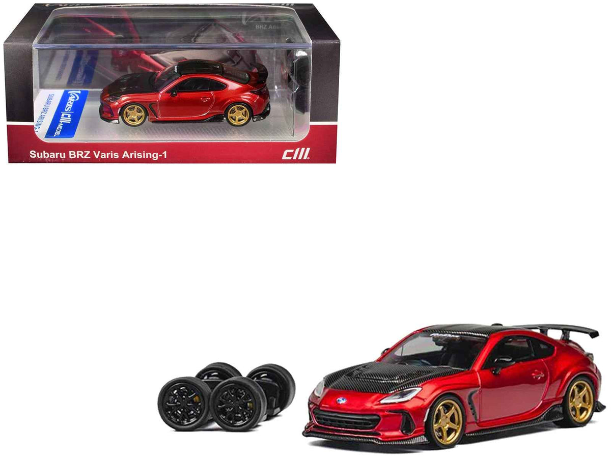 Red metallic Subaru BRZ Varis Arising-1 RHD diecast model car by Miniature Motors, with carbon hood, top, and extra wheels.