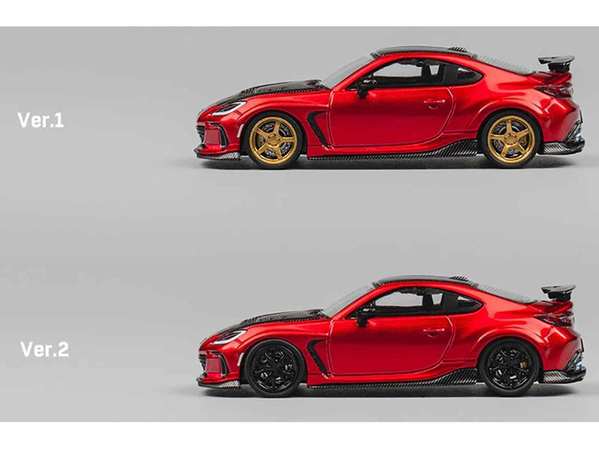 Red metallic Subaru BRZ Varis Arising-1 RHD diecast model car with carbon hood and top, includes extra wheels, by Miniature Motors.