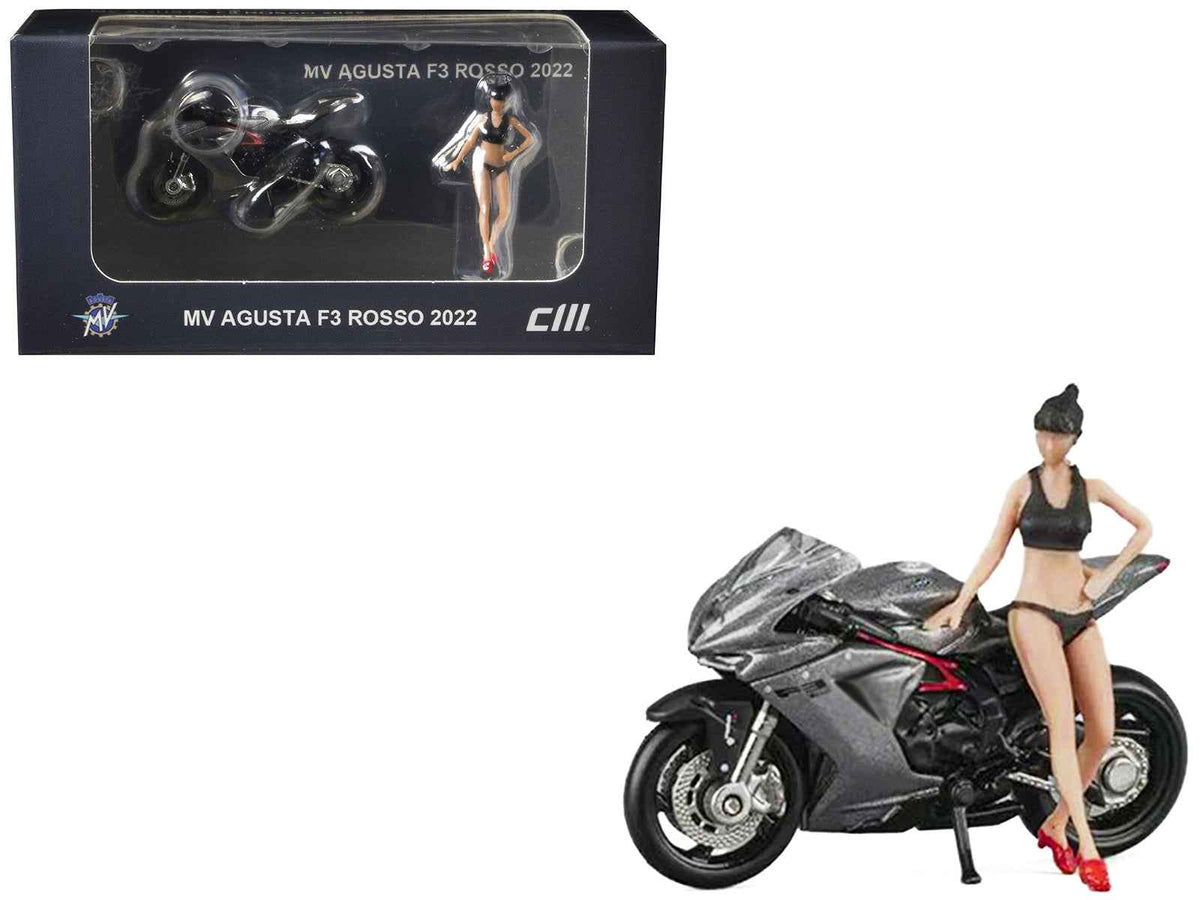 Silver metallic 2022 MV Agusta F3 Rosso motorcycle diecast model by Miniature Motors, detailed 1/64 scale CM Model.