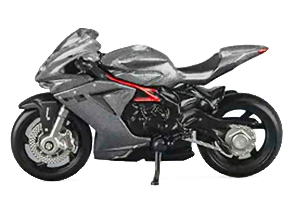 Silver metallic 2022 MV Agusta F3 Rosso motorcycle diecast model by Miniature Motors, detailed 1/64 scale replica.