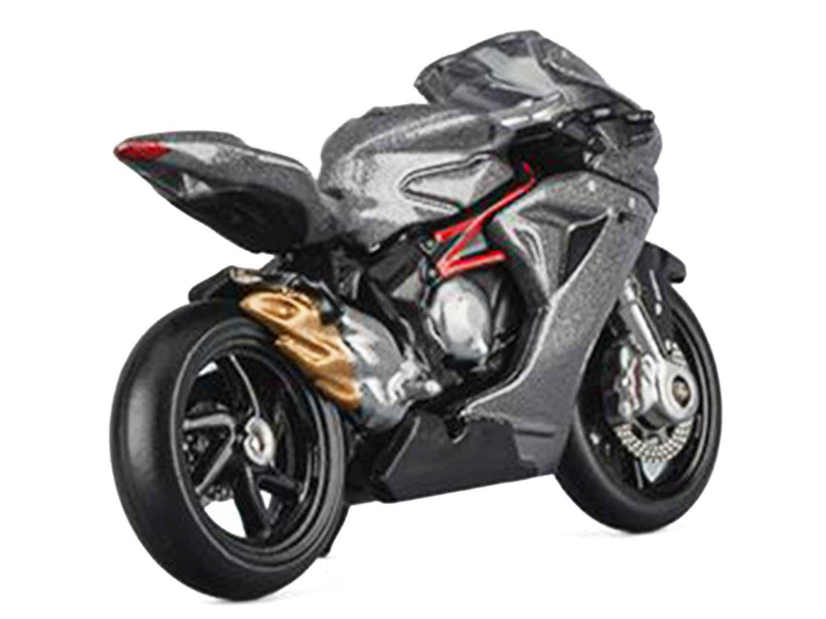 Miniature silver metallic 2022 MV Agusta F3 Rosso motorcycle diecast model by Miniature Motors, detailed and realistic.