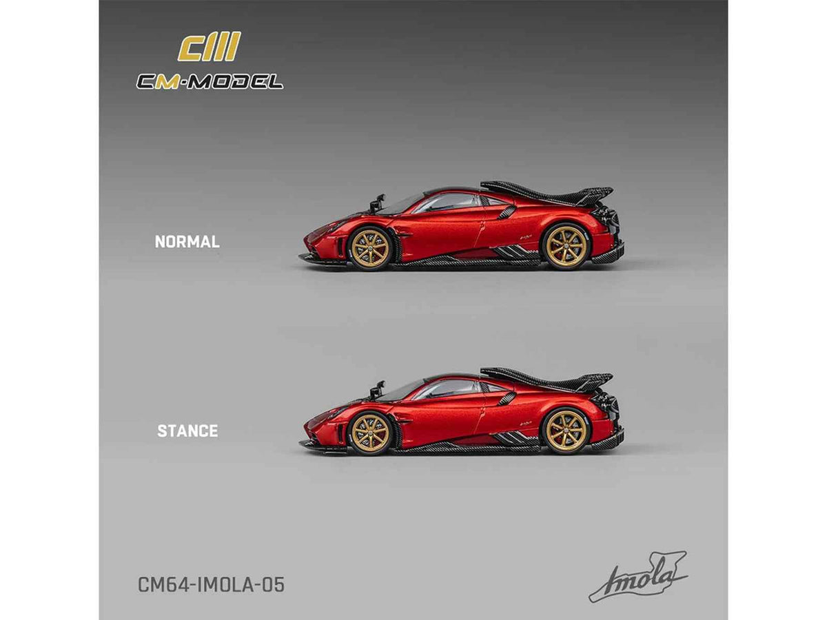 Red metallic Pagani Imola 1/64 diecast model car with carbon top, stripes, and extra wheels by Miniature Motors.