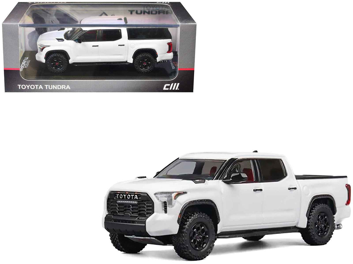 White Toyota Tundra pickup truck diecast model by Miniature Motors, detailed 1/64 scale Toyota Tundra toy car.