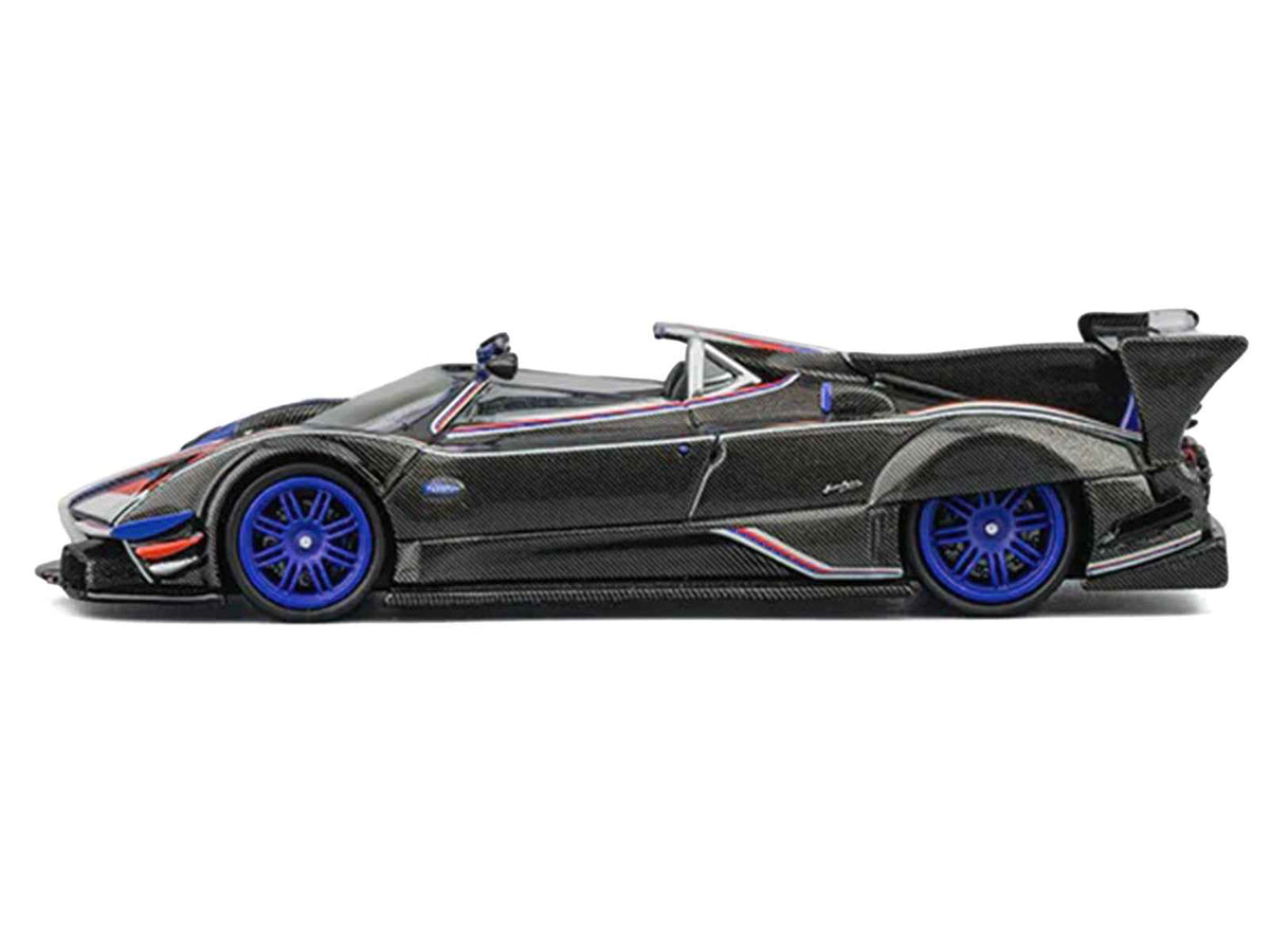 Miniature Motors Pagani Zonda Revo Barchetta diecast model car in 1/64 scale with red, white, and blue stripes, detailed carbon finish.