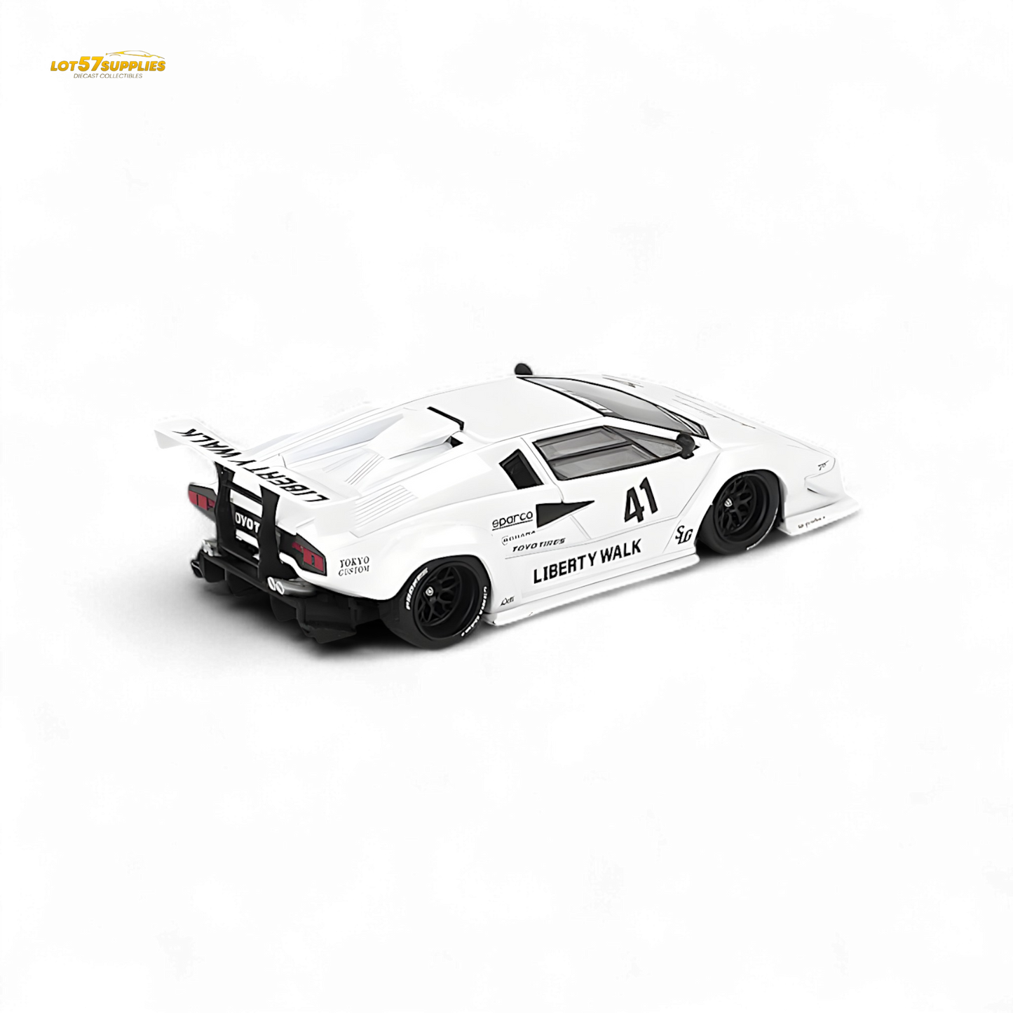 White Mini-GT Lamborghini Countach LB-WORKS diecast model in 1:64 scale, detailed exterior with sleek design, displayed on a neutral background.