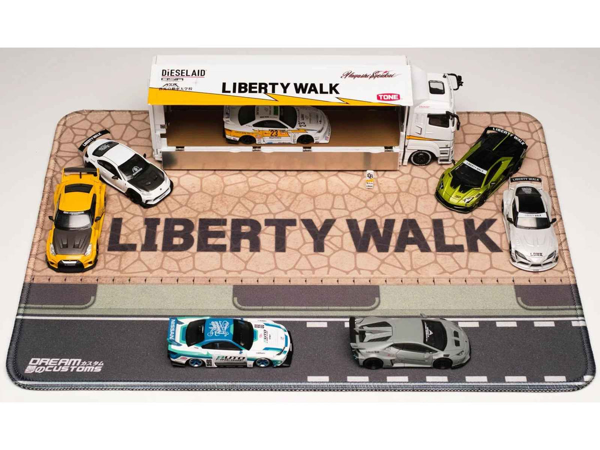 Miniature Motors Liberty Walk desktop display mat, branded accessories with detailed design, ideal for car enthusiasts and collectors.