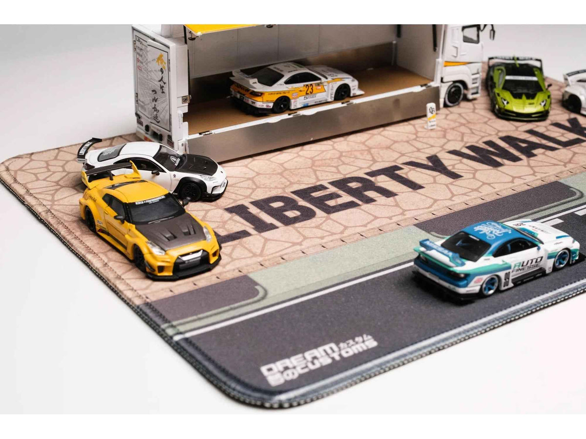 Miniature Motors Liberty Walk desktop display mat, accessory with detailed car branding and vibrant graphics, ideal for automotive enthusiasts.