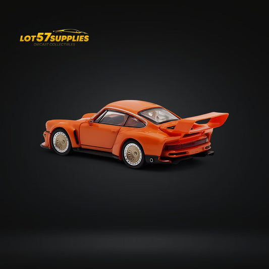 Orange Porsche Singer DLS Turbo diecast car in 1:64 scale, detailed model from Lot57Supplies Diecast Shop.