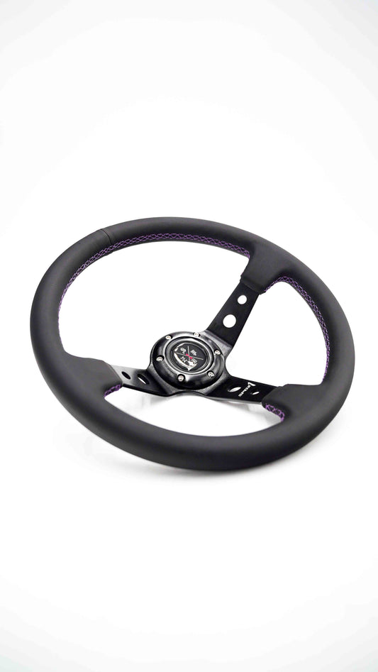 Purple lined leather steering wheel with 340mm deep dish design by Speedzone Performance LLC, perfect for racing or custom cars.