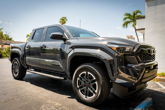 DIY Window Tint Kit for 2024+ Toyota Tacoma Double Cab, exterior vinyl sheets, shown applied to vehicle windows.