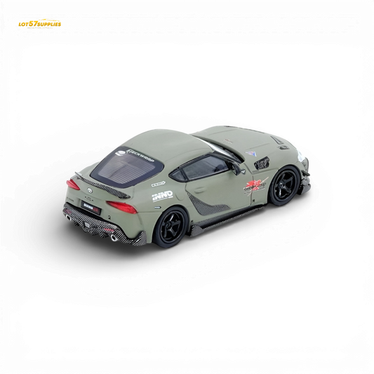 Pre-order INNO64 Toyota Supra A90 Darwin Pro diecast model in matte green, 1:64 scale, showcasing detailed exterior features.