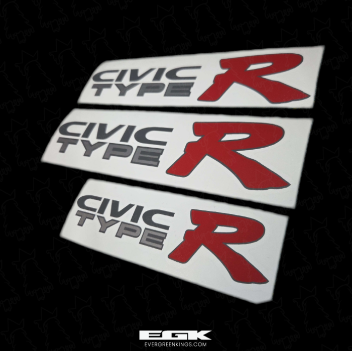 Dark gray outline decal set for EK9 Civic Type R by Evergreen Kings, featuring OEM size decals on a plain background.