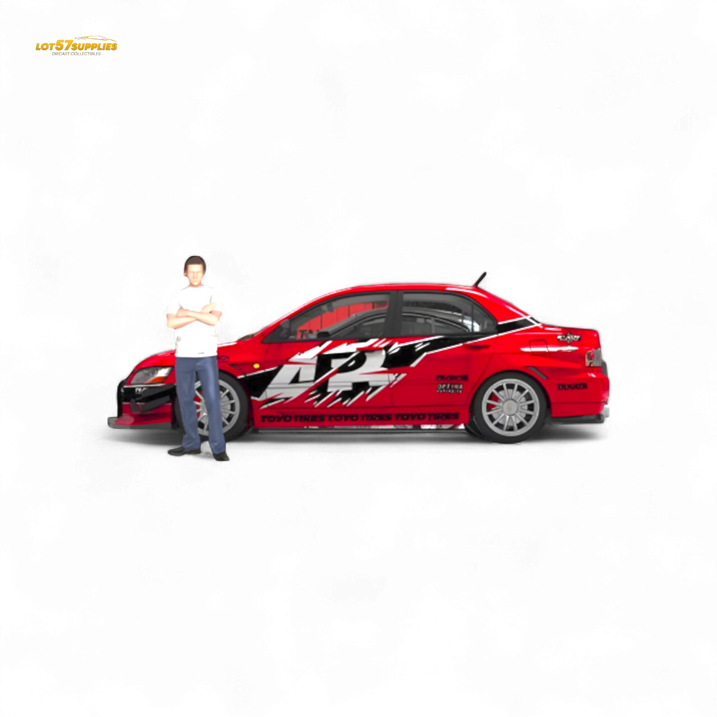 Detailed 1:64 scale Mitsubishi Lancer EVO 9th Gen diecast model by Lot57Supplies Diecast Shop, showcasing black and red design details.