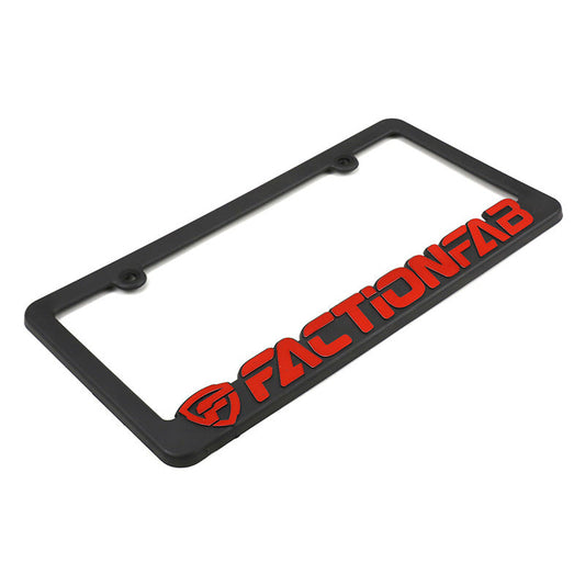 FactionFab license plate frame with sleek black design and engraved logo, fitting standard vehicle license plates.
