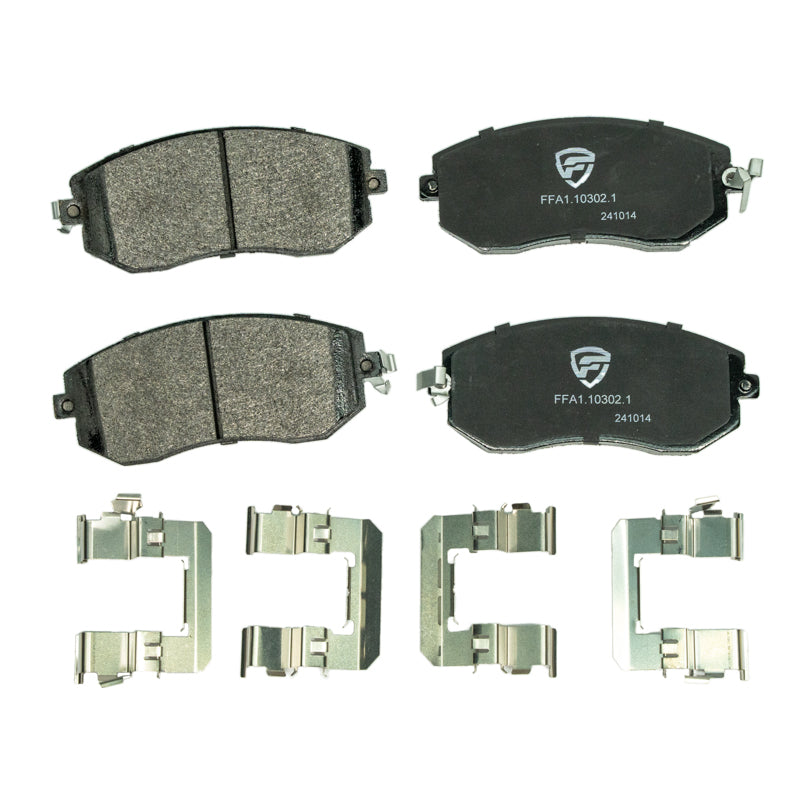 FactionFab V2 front brake pads for 2011-2014 Subaru WRX, 2013-2020 BRZ 86, and 2022-2026 GR86, shown in the image.