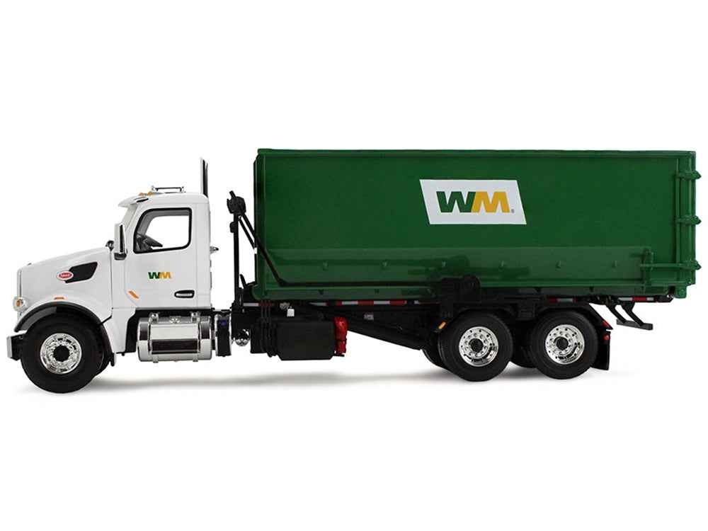 Miniature Motors Peterbilt 567 refuse garbage truck diecast model with 40-yard roll-off container in white and green, detailed and realistic.