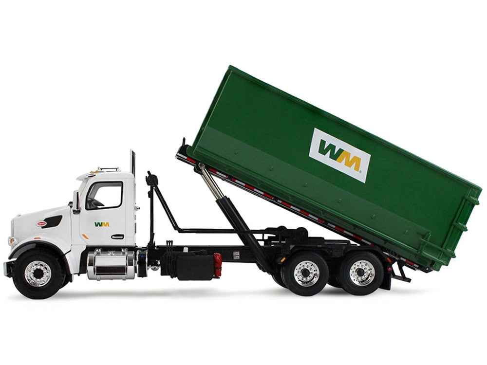 Miniature Motors Peterbilt 567 refuse garbage truck diecast model with white and green 40-yard roll-off container, 1/34 scale.