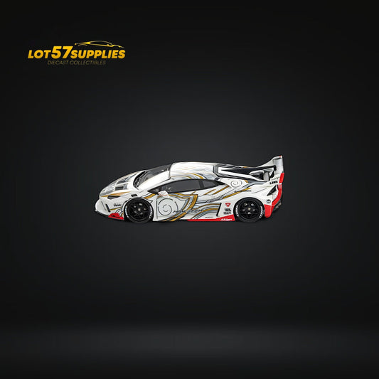 White and gray Flame Lamborghini Huracan GT LP610 diecast model in 1:64 scale with detailed features and bright flame design.