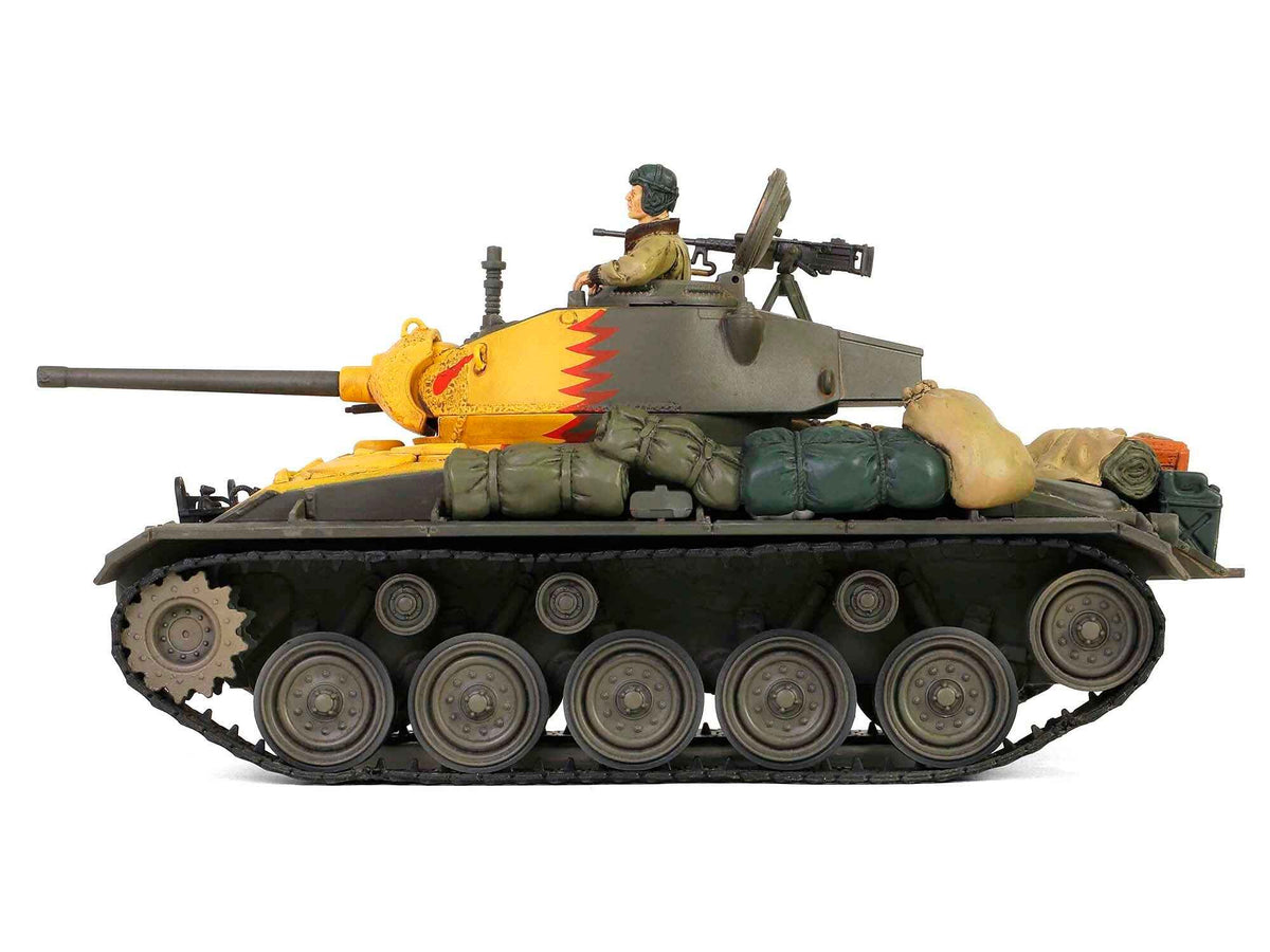 1/32 scale diecast model of M24 Chaffee light tank with Tiger face design by Forces of Valor, showing detailed armor and markings.