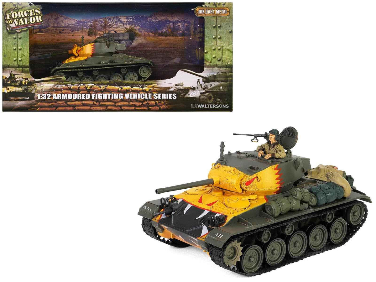 1/32 scale diecast model of M24 Chaffee light tank with Tiger face insignia, by Forces of Valor, part of the United States Army AFV series.