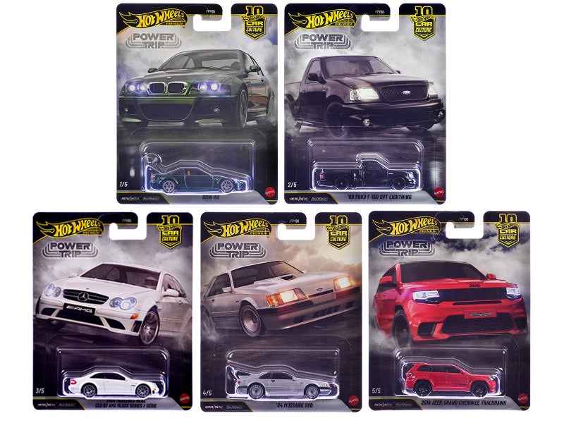 Miniature Motors "Power Trip" 5-piece Car Culture 2026 Series R diecast model cars by Hot Wheels, featuring detailed miniature vehicles.
