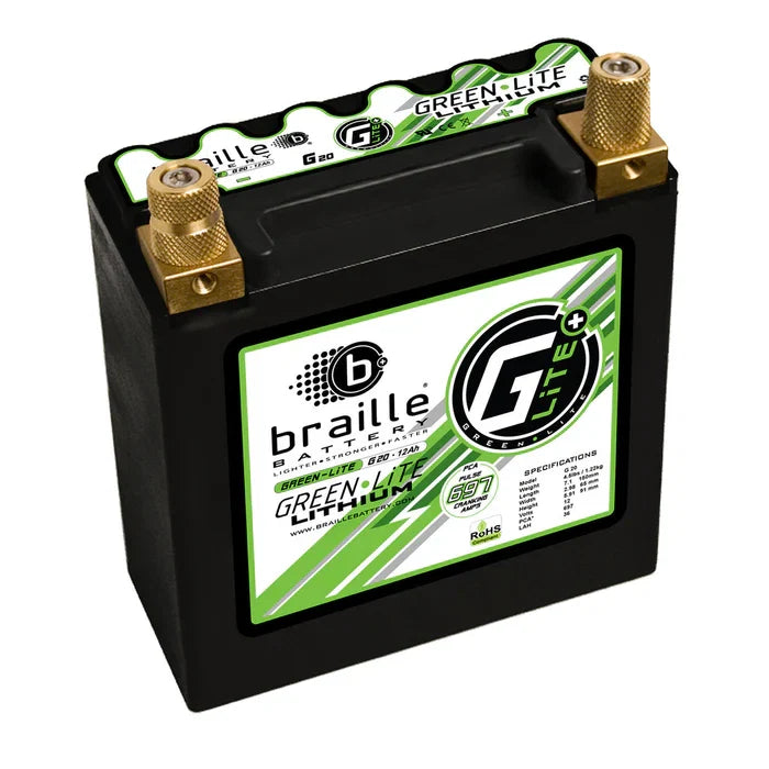 MeLe Design Firm Braille G20S GreenLite automotive lithium battery with extra capacity, shown in green and compact size.