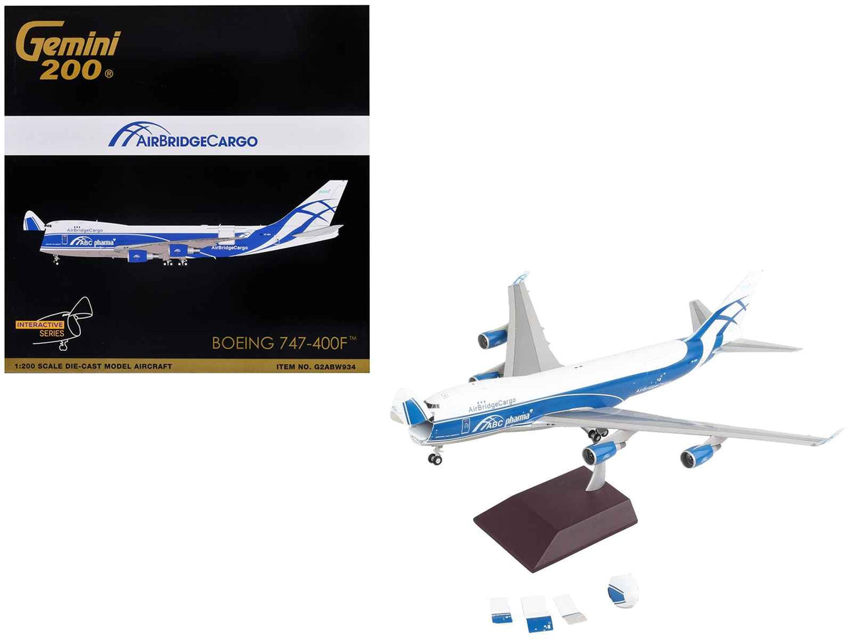 Miniature Motors Boeing 747-400F AirBridgeCargo Airlines diecast model airplane in white with blue stripes, Gemini 200 series.