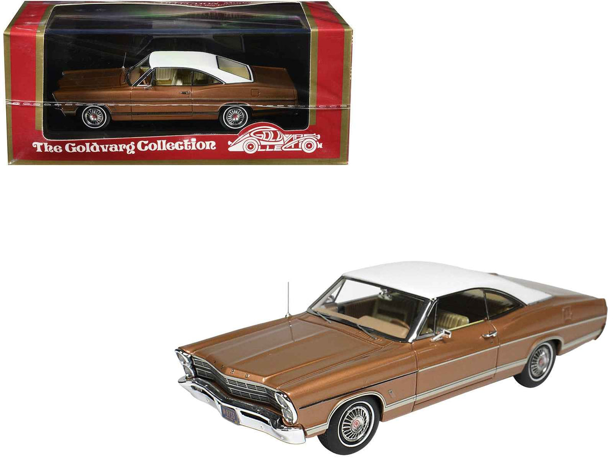 Miniature 1/43 scale Ford Galaxie model car in burnt amber metallic with white top by Goldvarg Collection, limited edition.