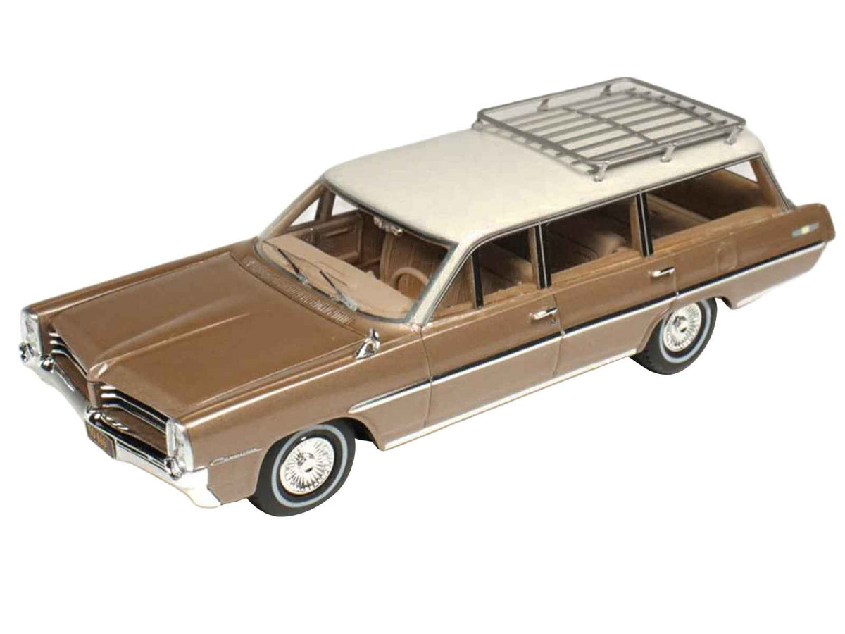 Miniature 1964 Pontiac Safari Bronze Irid Metallic model car with cream top, limited edition by Goldvarg Collection, 1/43 scale.