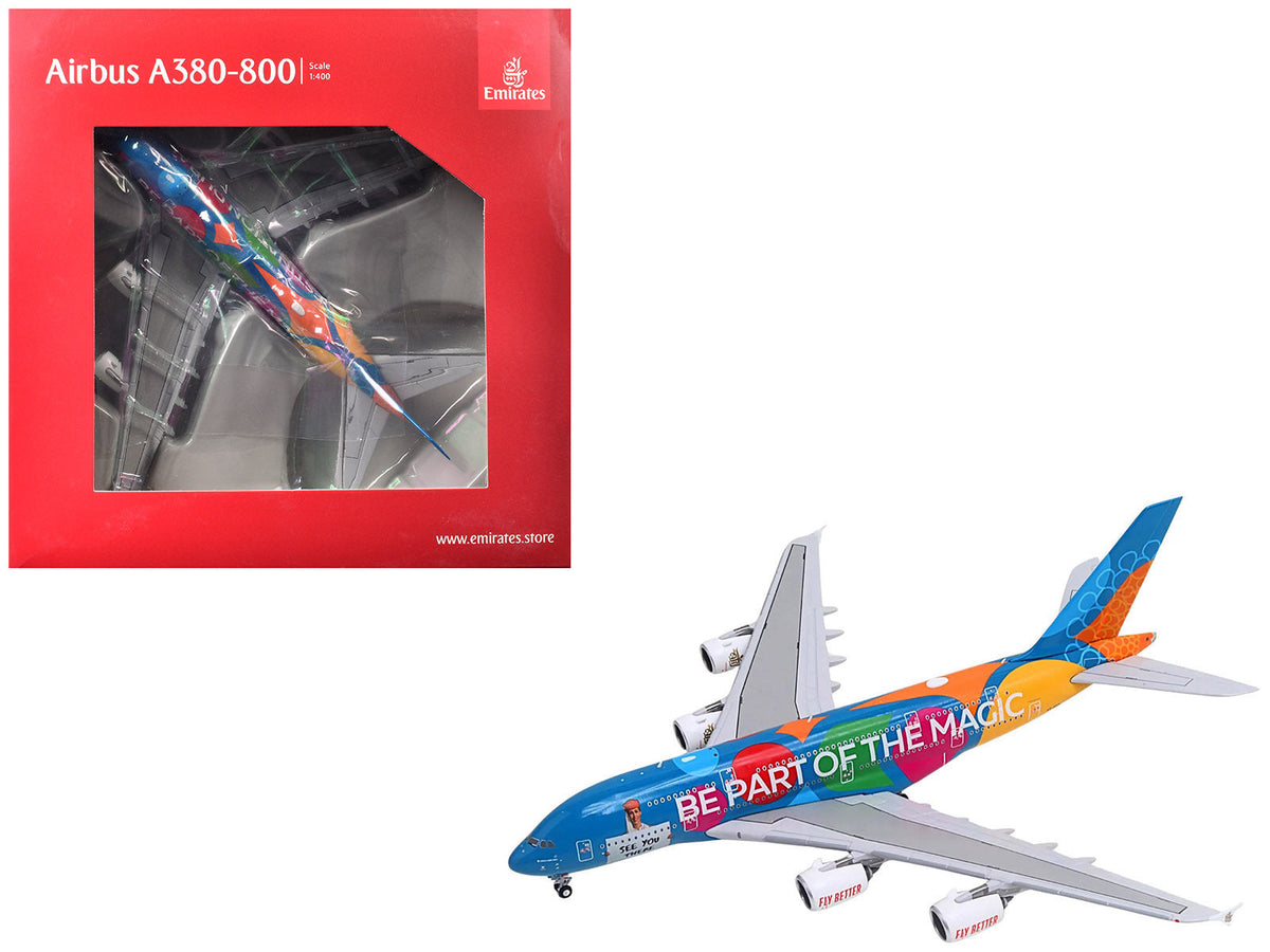 Miniature Motors Airbus A380-800 Emirates Airlines model airplane, blue with graphics, 1/400 diecast by GeminiJets, detailed aircraft replica.