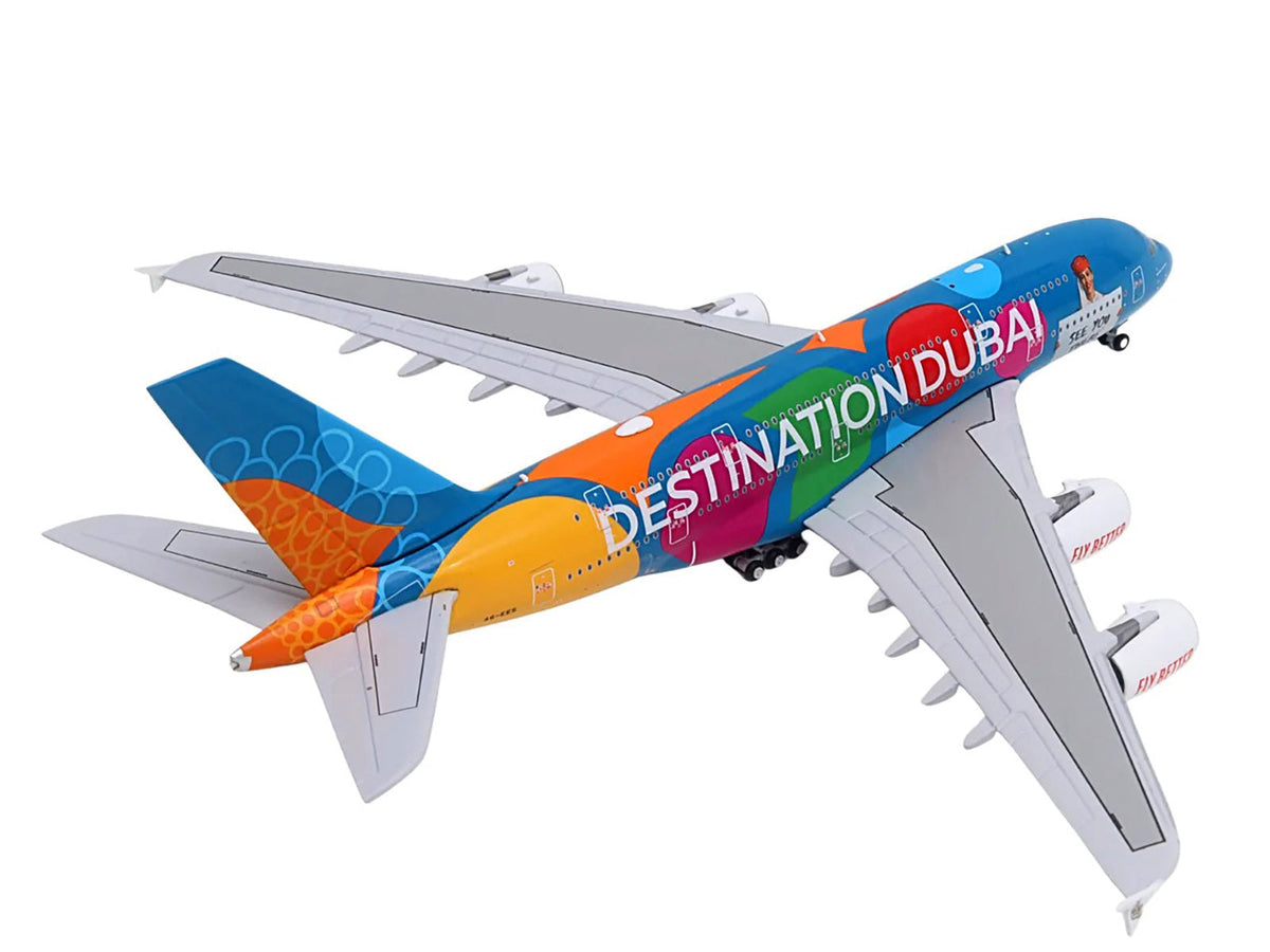 Miniature Motors Airbus A380-800 Emirates Airlines diecast model airplane in blue with Dubai graphics, 1/400 scale by GeminiJets.