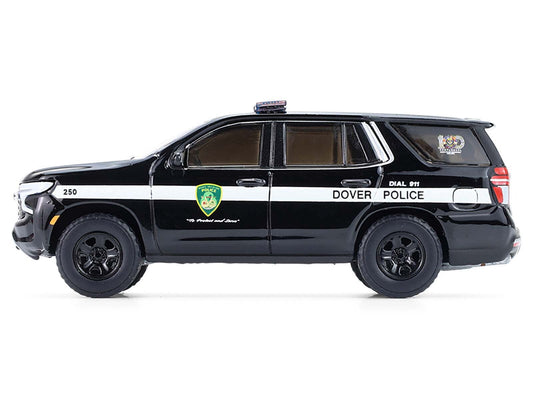 2024 Chevrolet Tahoe Police Pursuit Vehicle "Dover Police - 100th Anniversary Edition" Black with White Stripes "Hobby Exclusive" Series 1/64 Diecast Model Car by Greenlight