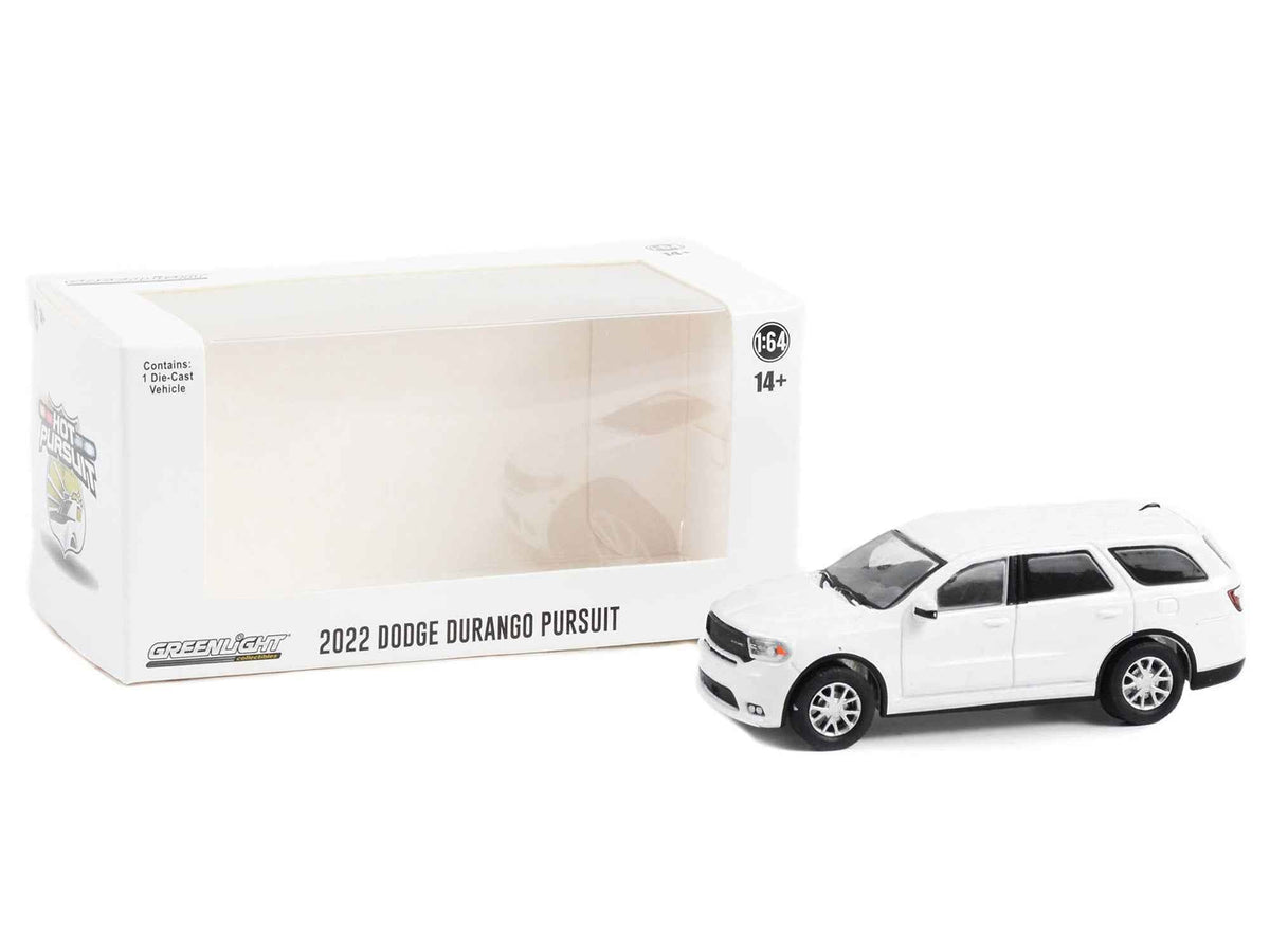 White 2022 Dodge Durango Pursuit police car diecast model by Greenlight, part of Miniature Motors' Pursuit series, 1/64 scale.