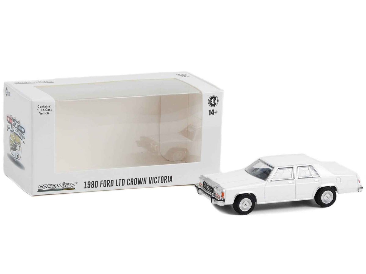 White 1980-1991 Ford LTD Crown Victoria police diecast model car by Greenlight, Hobby Exclusive series, detailed miniature vehicle.