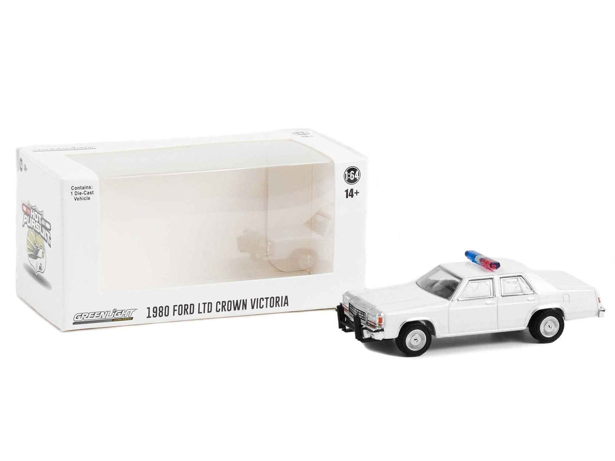 White 1980-1991 Ford LTD Crown Victoria police diecast model car with light bar, part of Greenlight's Hobby Exclusive series.
