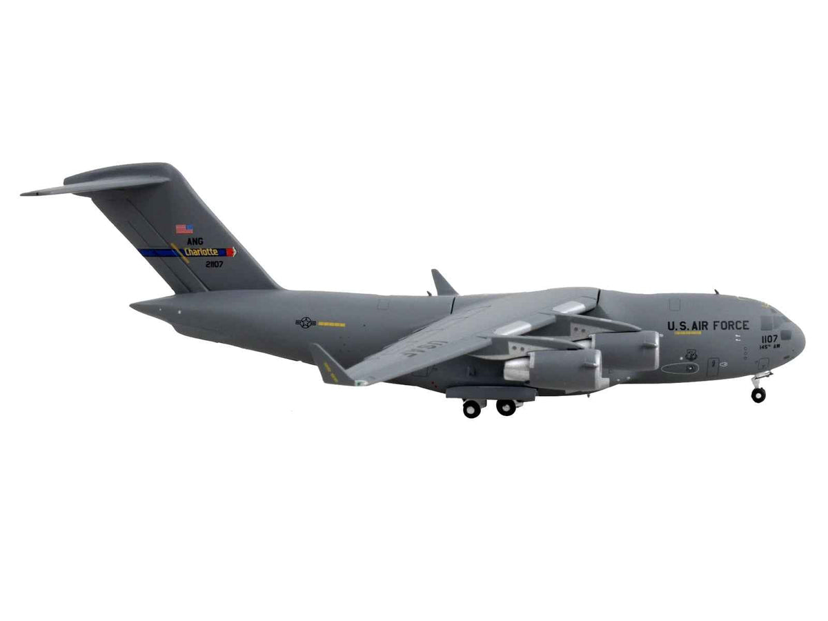 Gray Boeing C-17 Globemaster III model airplane by GeminiJets, detailed diecast aircraft of Charlotte Air National Guard, 1/400 scale