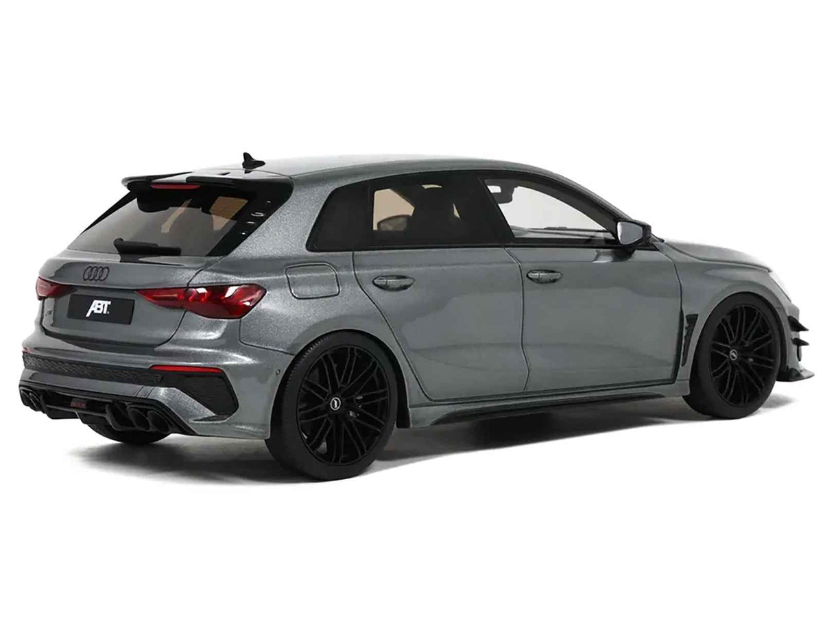 Detail of Audi ABT RS3-R Daytona Gray Metallic 1/18 scale model car by GT Spirit, showing intricate features and realistic design.
