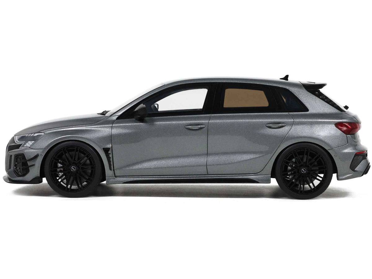Miniature Audi ABT RS3-R Daytona Gray metallic 1/18 model car by GT Spirit, detailed scale replica in a realistic design.