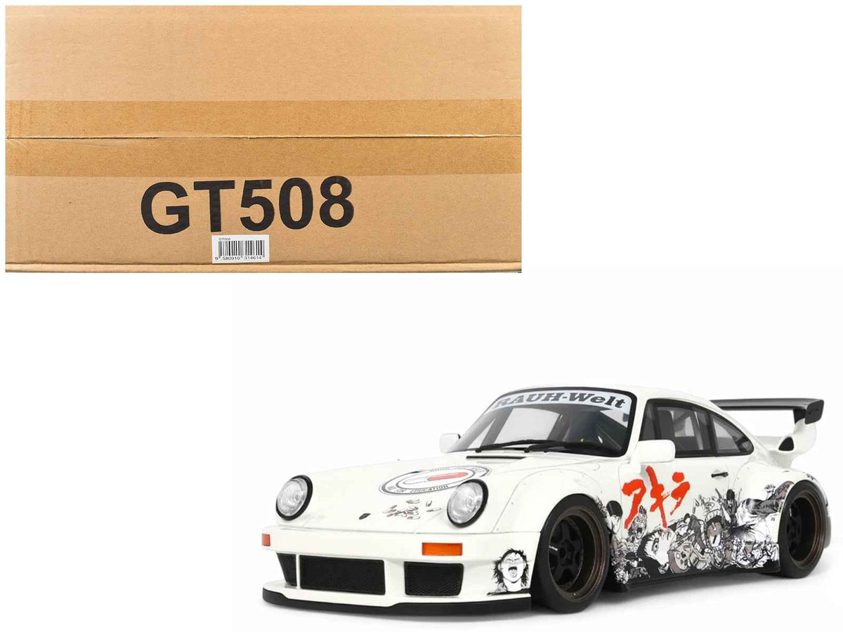 2024 RWB Akira White model car with graphics from the 1988 movie, 1/18 scale by GT Spirit, detailed miniature vehicle.