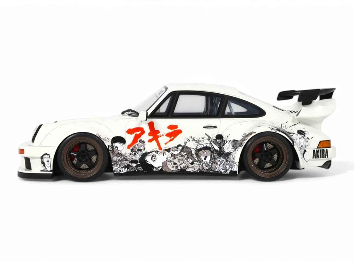 Miniature Motors 1/18 scale GT Spirit 2024 RWB Akira white model car with Akira graphics, inspired by 1988 movie, detailed collectible.